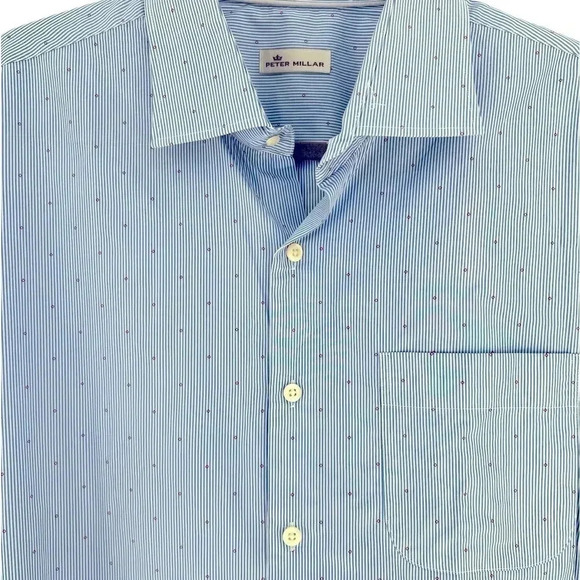 PETER MILLAR Men’s  Button Down Shirt Long Sleeve Striped Blue & White with Red - Picture 2 of 7